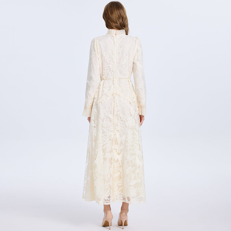 CM-DY070709 Women Elegant European Style Round Neck Long Sleeve High Waist Embroidered A-Line Dress - Apricot