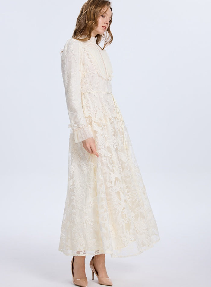 CM-DY070709 Women Elegant European Style Round Neck Long Sleeve High Waist Embroidered A-Line Dress - Apricot