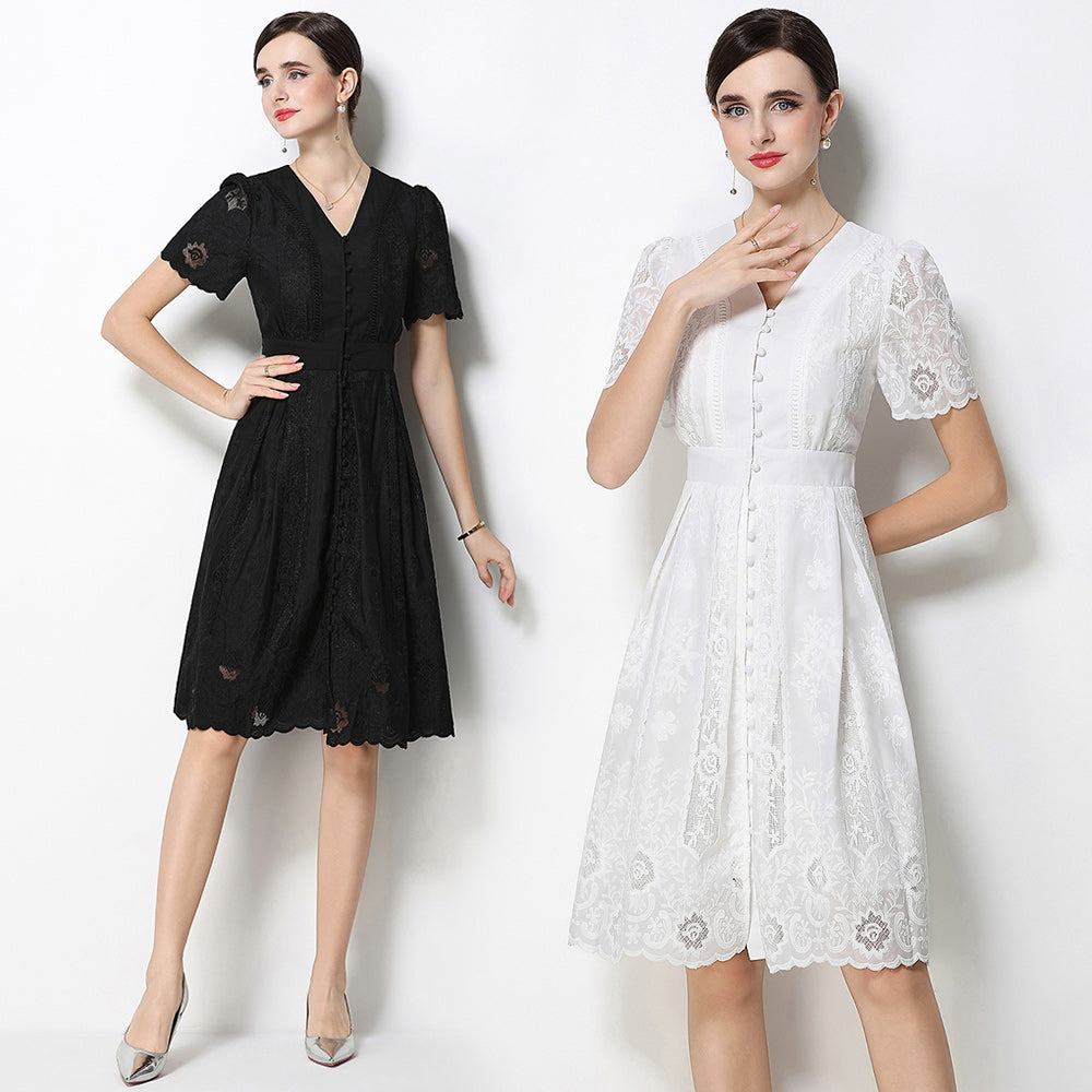 CM-DY070771 Women Elegant European Style Lace V-Neck Short Sleeve Singlle Breasted Midi Dress (Available in 2 colors)