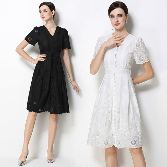 CM-DY070771 Women Elegant European Style Lace V-Neck Short Sleeve Singlle Breasted Midi Dress (Available in 2 colors)