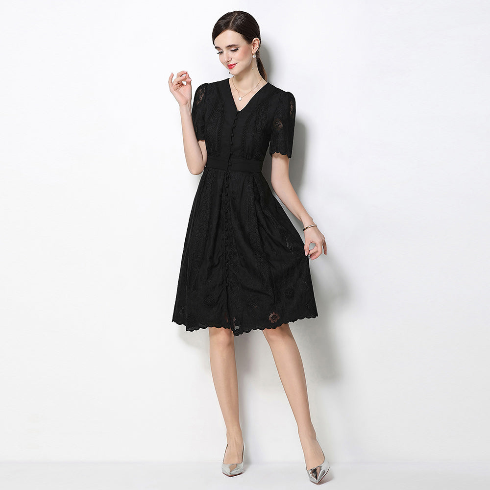 CM-DY070771 Women Elegant European Style Lace V-Neck Short Sleeve Singlle Breasted Midi Dress (Available in 2 colors)
