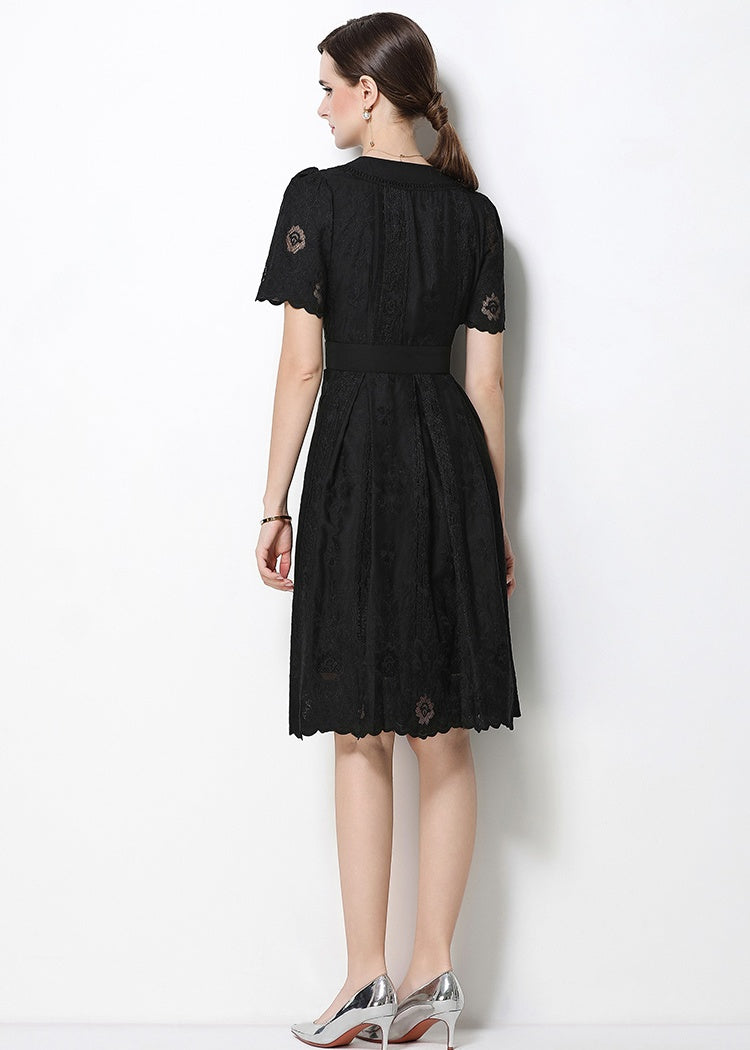 CM-DY070771 Women Elegant European Style Lace V-Neck Short Sleeve Singlle Breasted Midi Dress (Available in 2 colors)