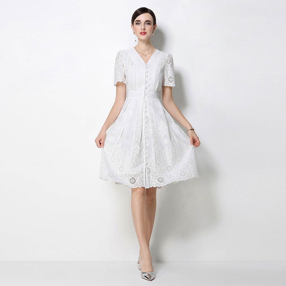 CM-DY070771 Women Elegant European Style Lace V-Neck Short Sleeve Singlle Breasted Midi Dress (Available in 2 colors)