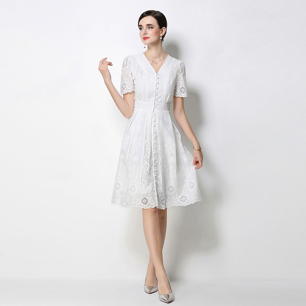 CM-DY070771 Women Elegant European Style Lace V-Neck Short Sleeve Singlle Breasted Midi Dress (Available in 2 colors)