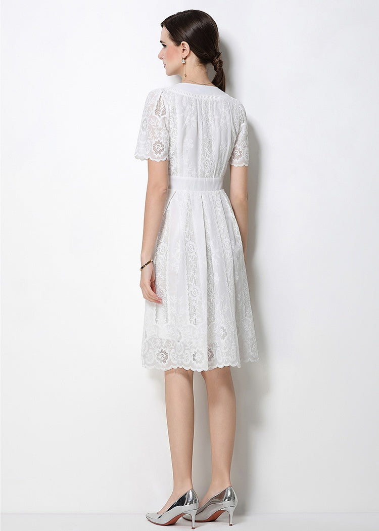 CM-DY070771 Women Elegant European Style Lace V-Neck Short Sleeve Singlle Breasted Midi Dress (Available in 2 colors)