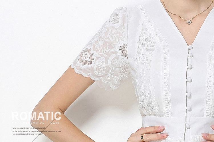 CM-DY070771 Women Elegant European Style Lace V-Neck Short Sleeve Singlle Breasted Midi Dress (Available in 2 colors)