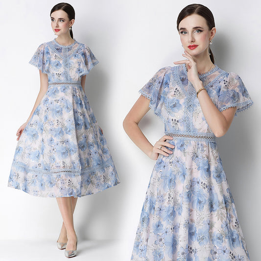 CM-DY070775 Women Elegant European Style Embroidered Round Neck Short Sleeve Pinched Waist Midi Dress