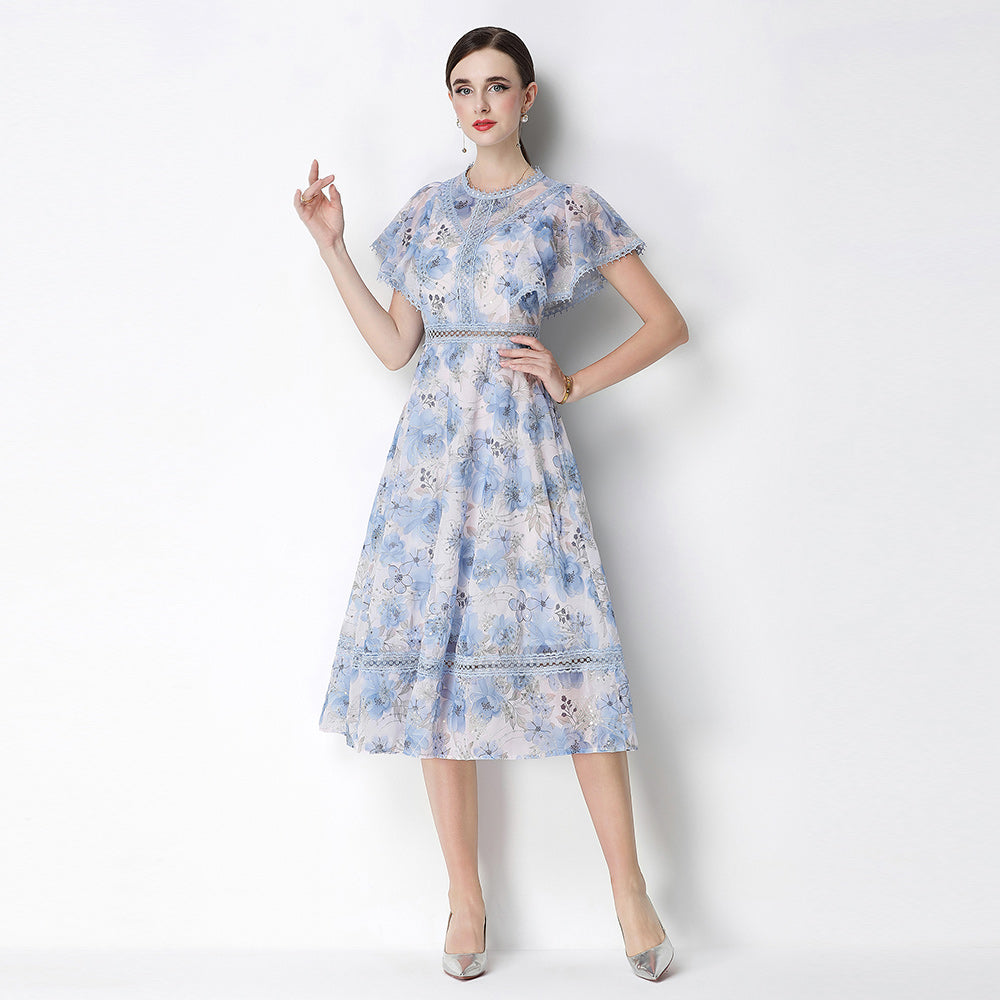 CM-DY070775 Women Elegant European Style Embroidered Round Neck Short Sleeve Pinched Waist Midi Dress