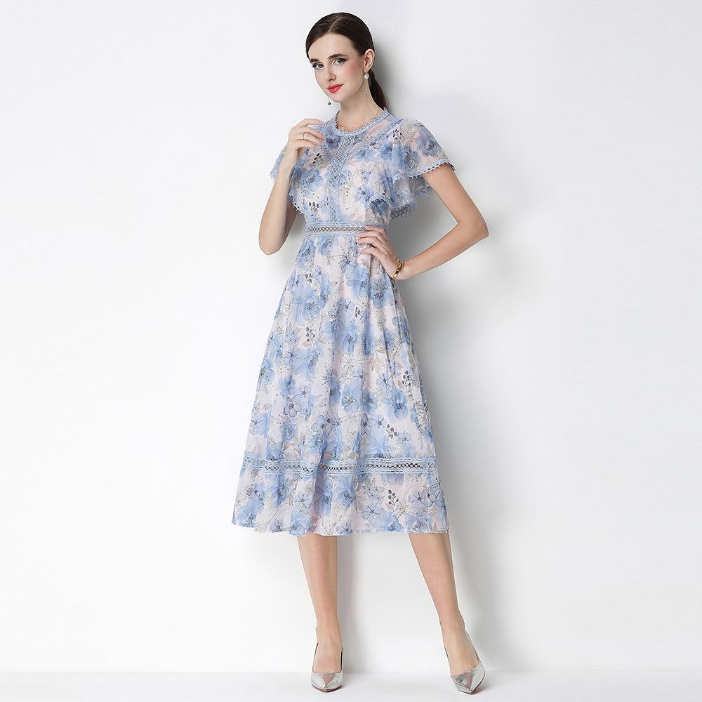CM-DY070775 Women Elegant European Style Embroidered Round Neck Short Sleeve Pinched Waist Midi Dress
