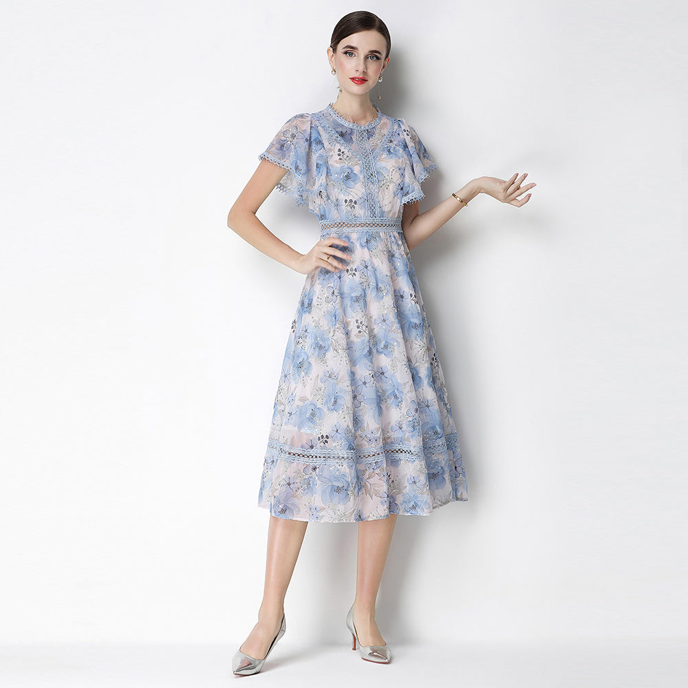CM-DY070775 Women Elegant European Style Embroidered Round Neck Short Sleeve Pinched Waist Midi Dress