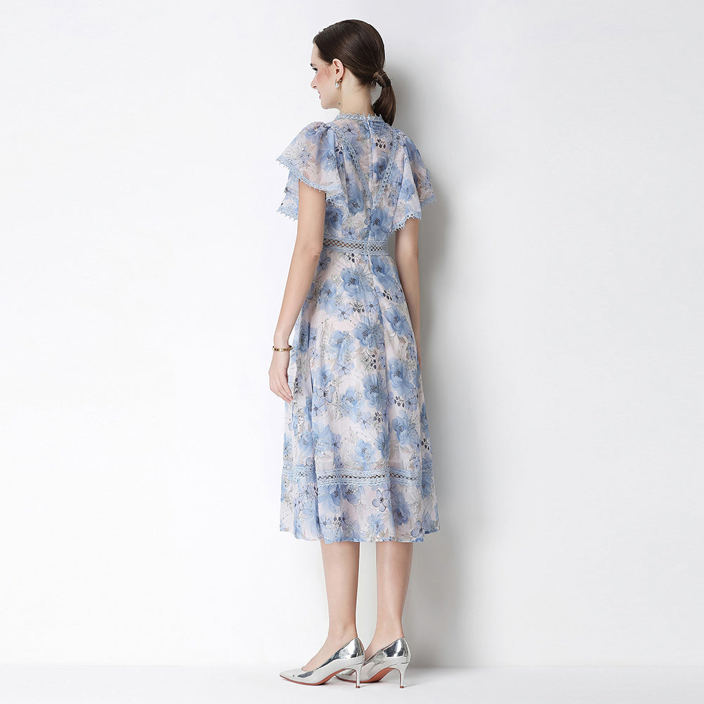 CM-DY070775 Women Elegant European Style Embroidered Round Neck Short Sleeve Pinched Waist Midi Dress