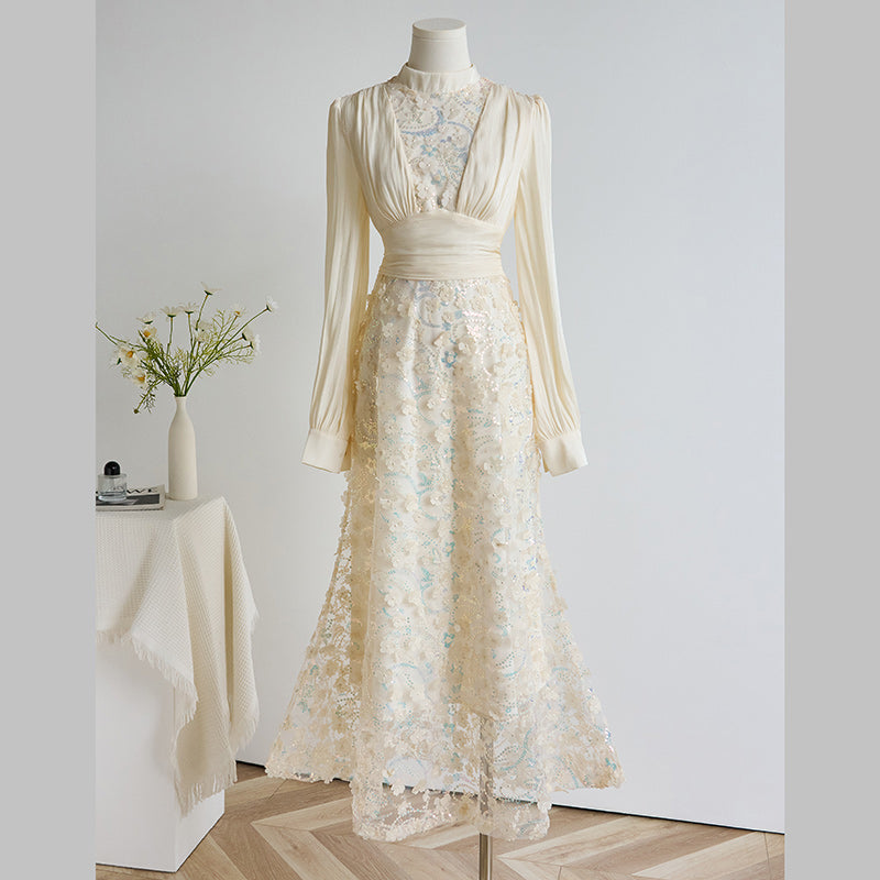 CM-DY070778 Women Elegant European Style Stand Collar Primcess Sleeve Pinched Waist Long Dress - Milky White