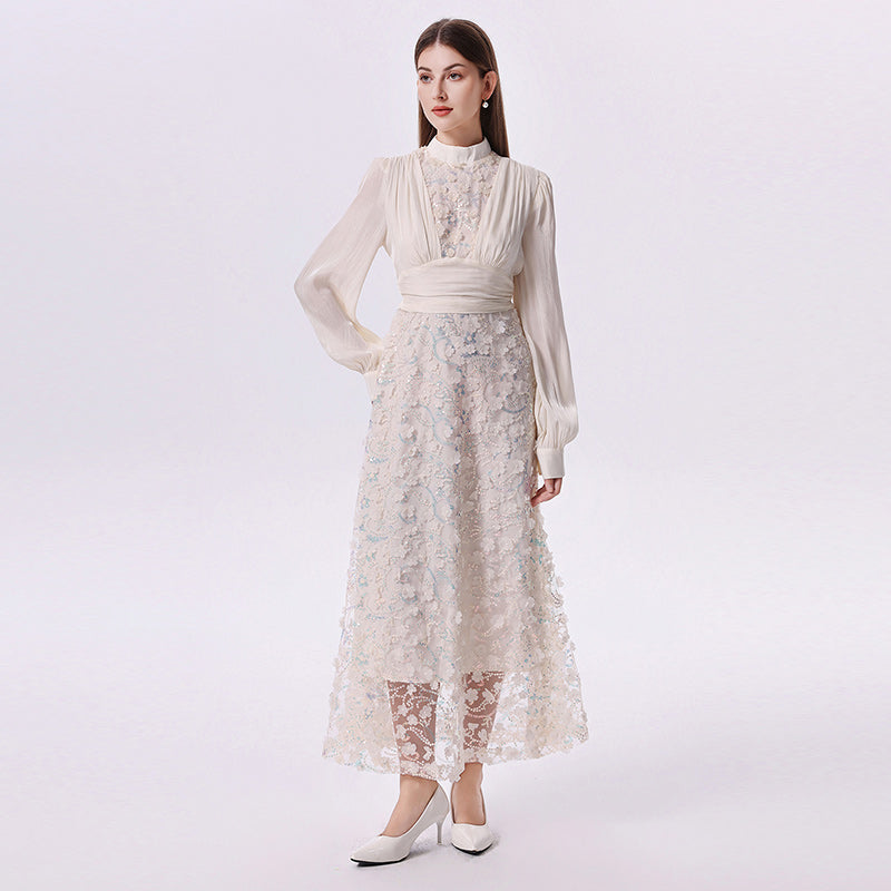 CM-DY070778 Women Elegant European Style Stand Collar Primcess Sleeve Pinched Waist Long Dress - Milky White
