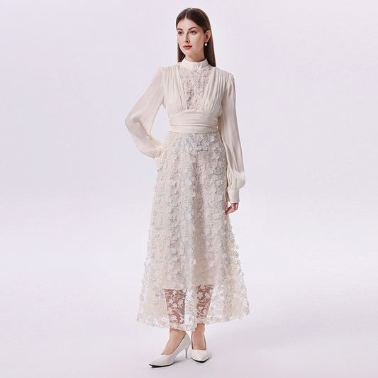 CM-DY070778 Women Elegant European Style Stand Collar Primcess Sleeve Pinched Waist Long Dress - Milky White