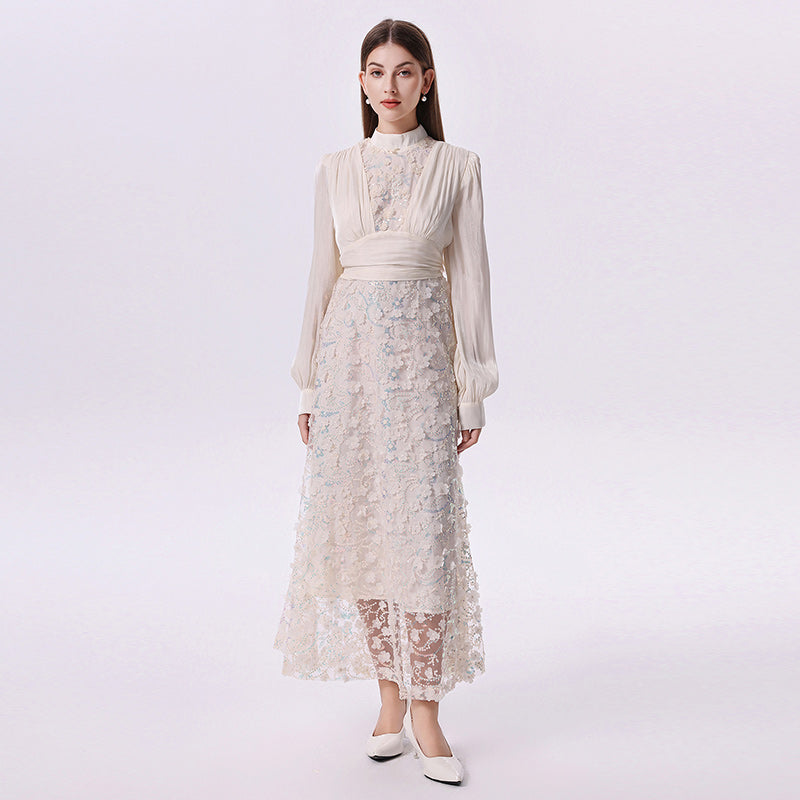 CM-DY070778 Women Elegant European Style Stand Collar Primcess Sleeve Pinched Waist Long Dress - Milky White