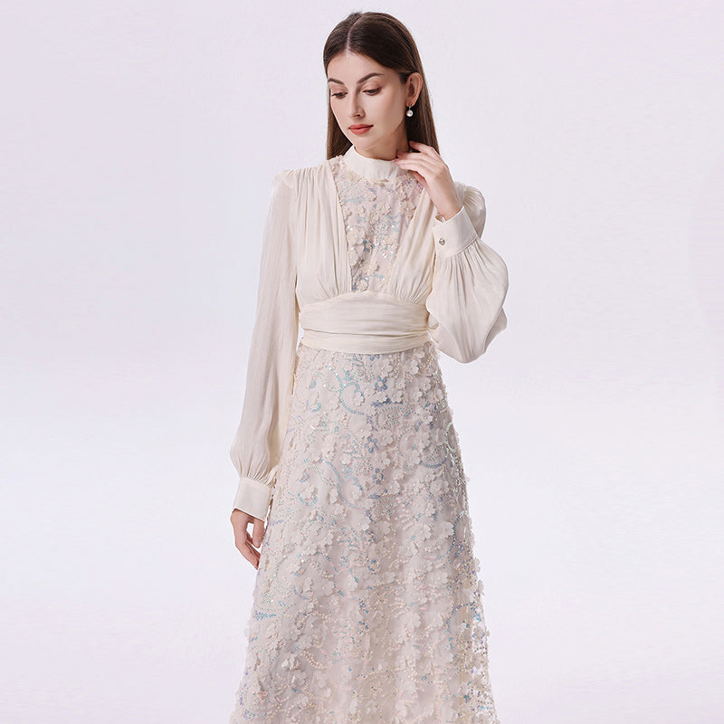 CM-DY070778 Women Elegant European Style Stand Collar Primcess Sleeve Pinched Waist Long Dress - Milky White