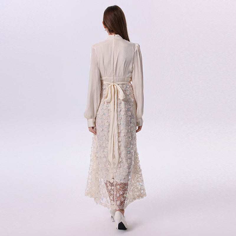 CM-DY070778 Women Elegant European Style Stand Collar Primcess Sleeve Pinched Waist Long Dress - Milky White