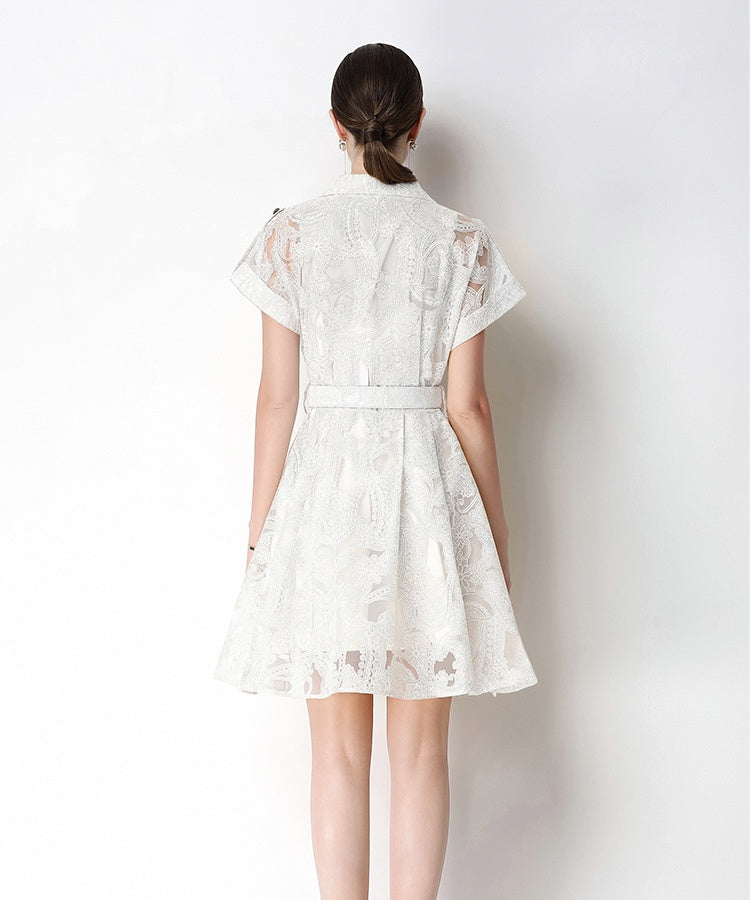 CM-DY070932 Women Elegant European Style Collar Neckline Short Sleeve Pinched Waist Jacquard Mini Dress (Available in 4 colors)