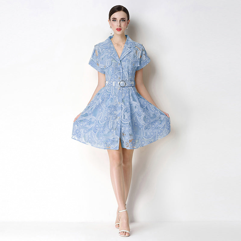 CM-DY070932 Women Elegant European Style Collar Neckline Short Sleeve Pinched Waist Jacquard Mini Dress (Available in 4 colors)