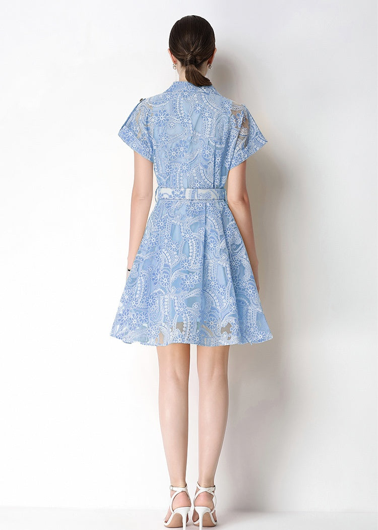 CM-DY070932 Women Elegant European Style Collar Neckline Short Sleeve Pinched Waist Jacquard Mini Dress (Available in 4 colors)