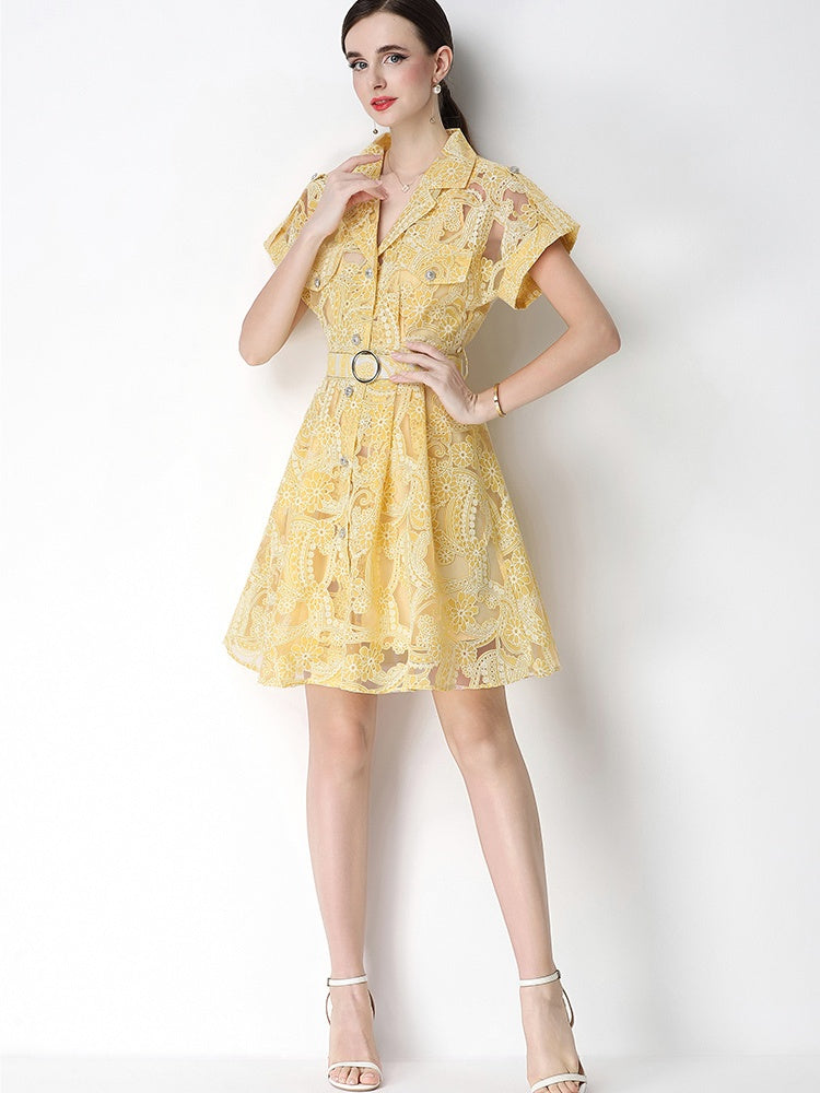 CM-DY070932 Women Elegant European Style Collar Neckline Short Sleeve Pinched Waist Jacquard Mini Dress (Available in 4 colors)