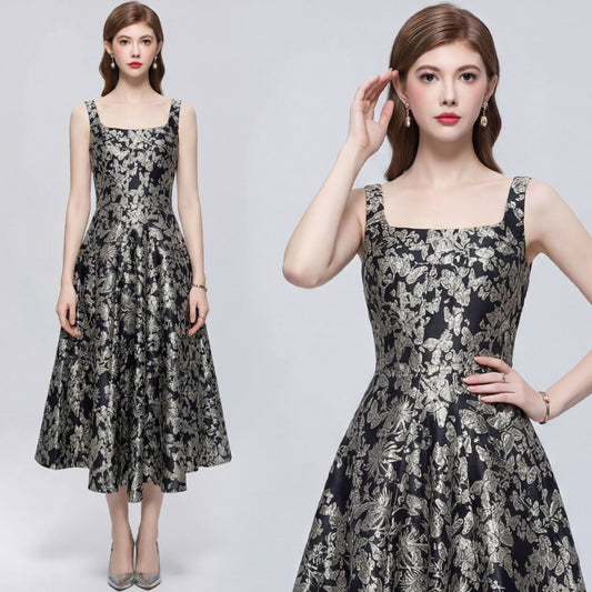 CM-DY071004 Women Elegant European Style Square Neck Sleeveless High Waist Mid-Length A-Line Dress - Gold
