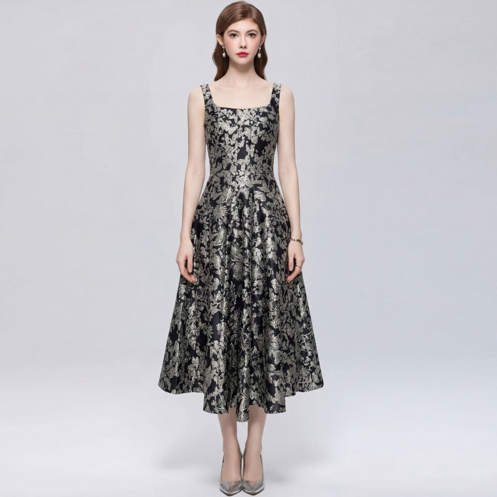 CM-DY071004 Women Elegant European Style Square Neck Sleeveless High Waist Mid-Length A-Line Dress - Gold