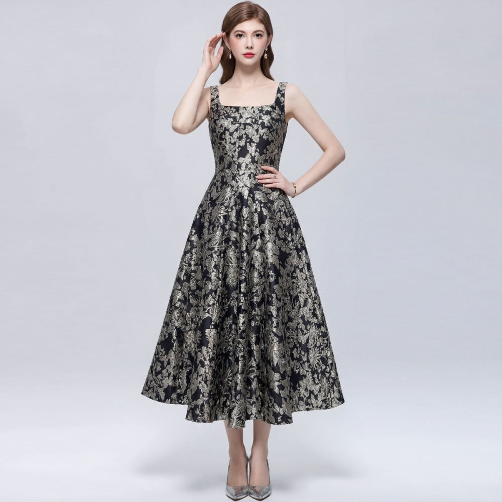 CM-DY071004 Women Elegant European Style Square Neck Sleeveless High Waist Mid-Length A-Line Dress - Gold