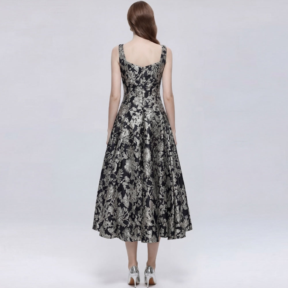 CM-DY071004 Women Elegant European Style Square Neck Sleeveless High Waist Mid-Length A-Line Dress - Gold
