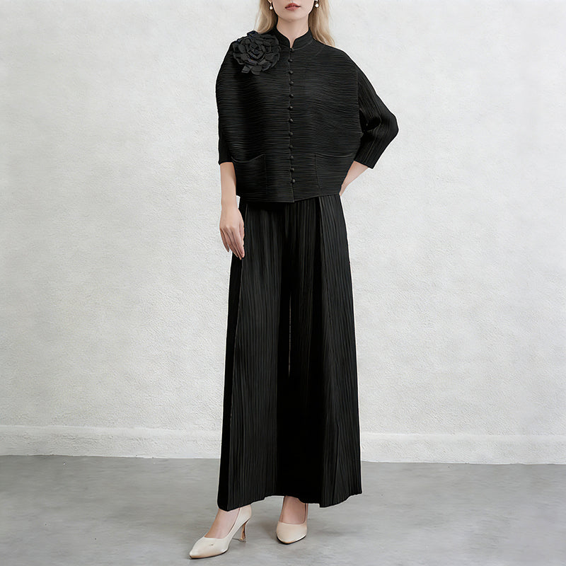 CM-SY071025 Women Elegant European Style Round Neck Long Sleeve Fold Cardigan With Wide Leg Pants - Set (Available in 4 colors)