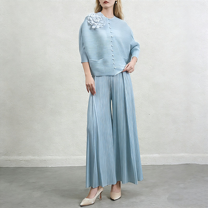 CM-SY071025 Women Elegant European Style Round Neck Long Sleeve Fold Cardigan With Wide Leg Pants - Set (Available in 4 colors)
