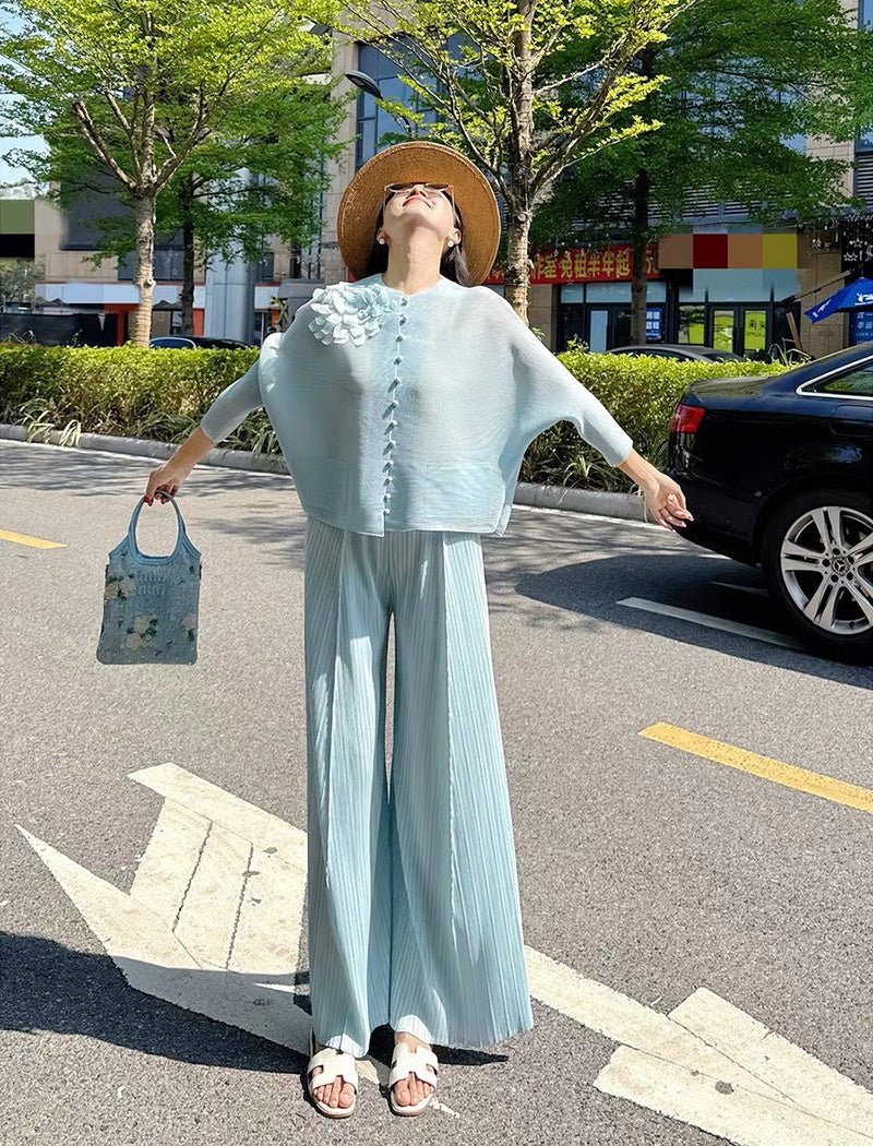 CM-SY071025 Women Elegant European Style Round Neck Long Sleeve Fold Cardigan With Wide Leg Pants - Set (Available in 4 colors)
