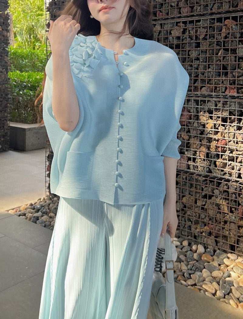 CM-SY071025 Women Elegant European Style Round Neck Long Sleeve Fold Cardigan With Wide Leg Pants - Set (Available in 4 colors)