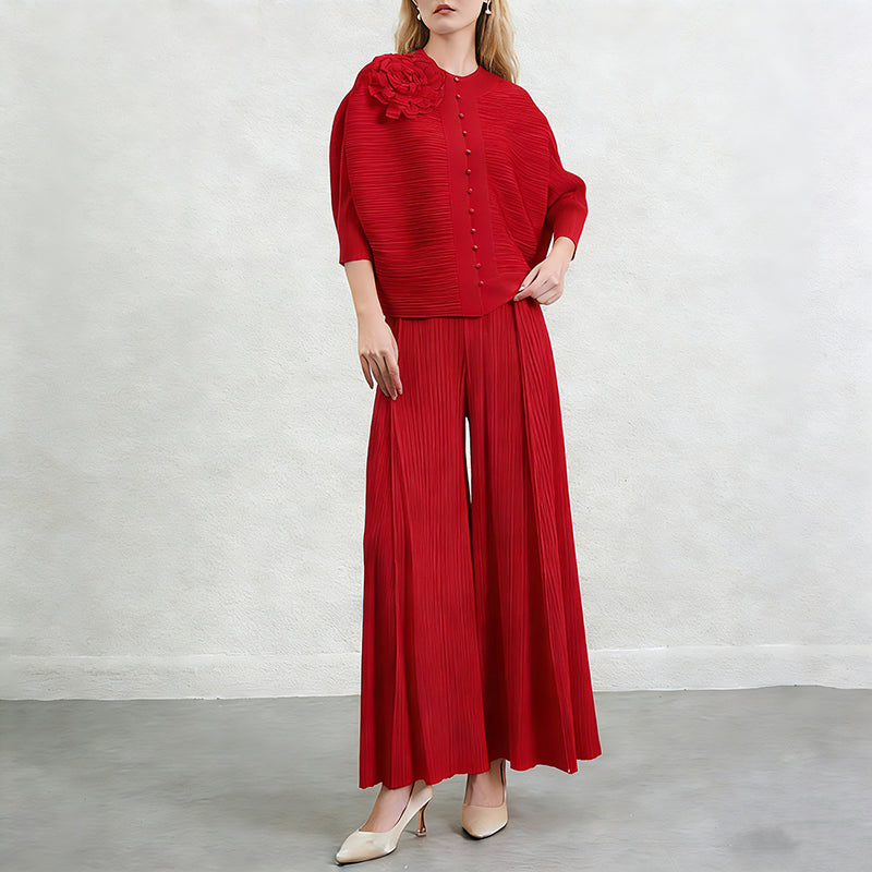 CM-SY071025 Women Elegant European Style Round Neck Long Sleeve Fold Cardigan With Wide Leg Pants - Set (Available in 4 colors)