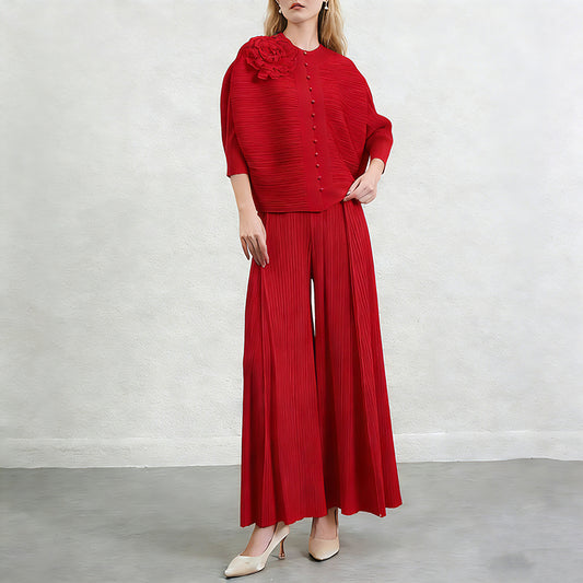 CM-SY071025 Women Elegant European Style Round Neck Long Sleeve Fold Cardigan With Wide Leg Pants - Set (Available in 4 colors)
