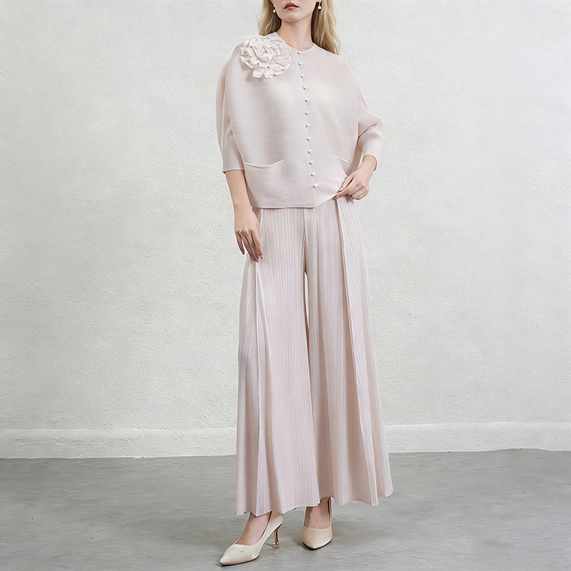 CM-SY071025 Women Elegant European Style Round Neck Long Sleeve Fold Cardigan With Wide Leg Pants - Set (Available in 4 colors)