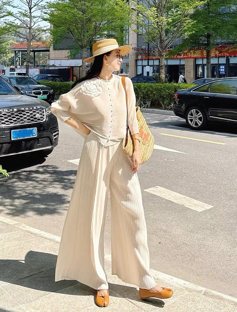 CM-SY071025 Women Elegant European Style Round Neck Long Sleeve Fold Cardigan With Wide Leg Pants - Set (Available in 4 colors)