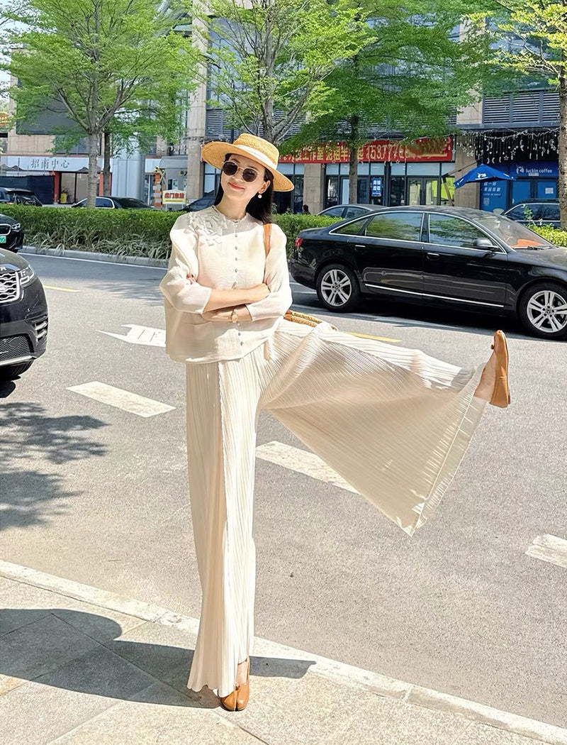 CM-SY071025 Women Elegant European Style Round Neck Long Sleeve Fold Cardigan With Wide Leg Pants - Set (Available in 4 colors)