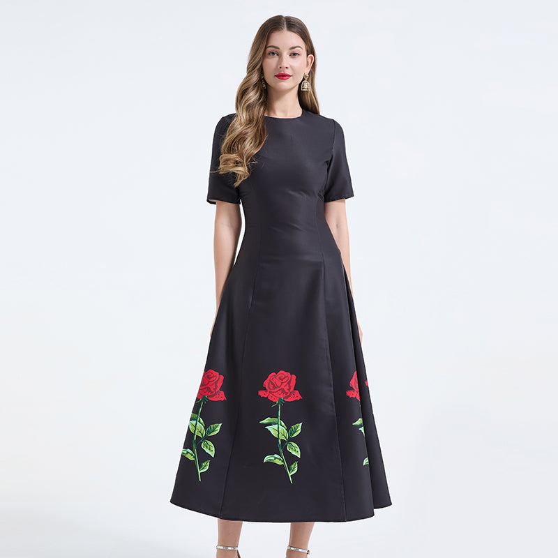 CM-DY071027 Women Elegant European Style Round Neck Short Sleeve Pinched Waist Long A-Line Dress - Black