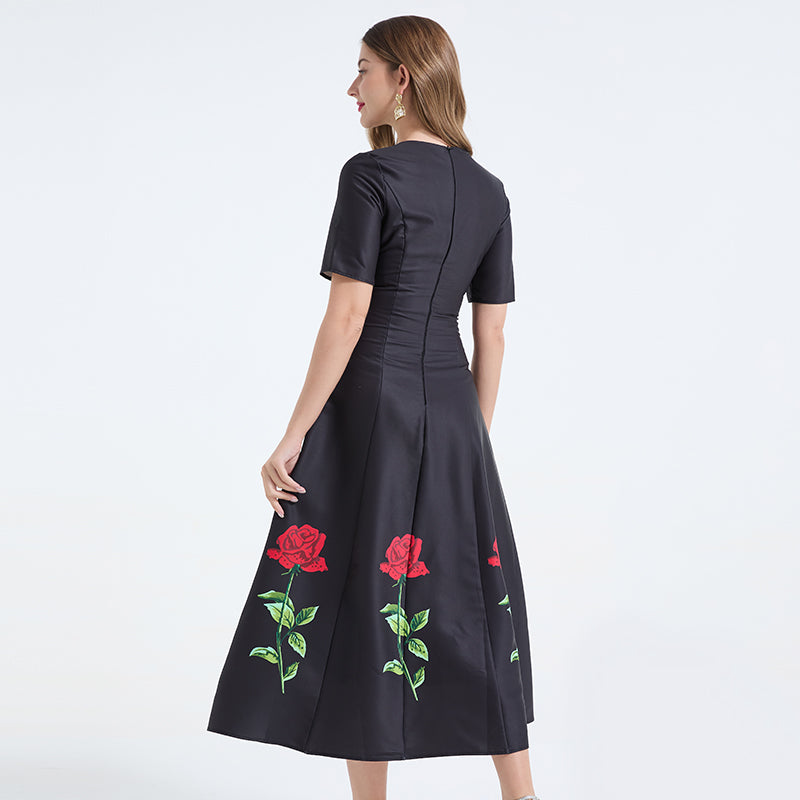 CM-DY071027 Women Elegant European Style Round Neck Short Sleeve Pinched Waist Long A-Line Dress - Black