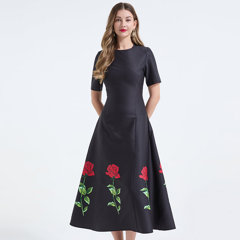 CM-DY071027 Women Elegant European Style Round Neck Short Sleeve Pinched Waist Long A-Line Dress - Black