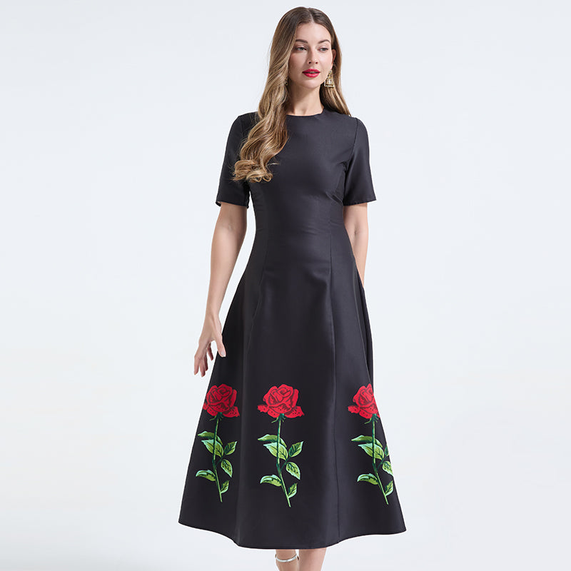 CM-DY071027 Women Elegant European Style Round Neck Short Sleeve Pinched Waist Long A-Line Dress - Black