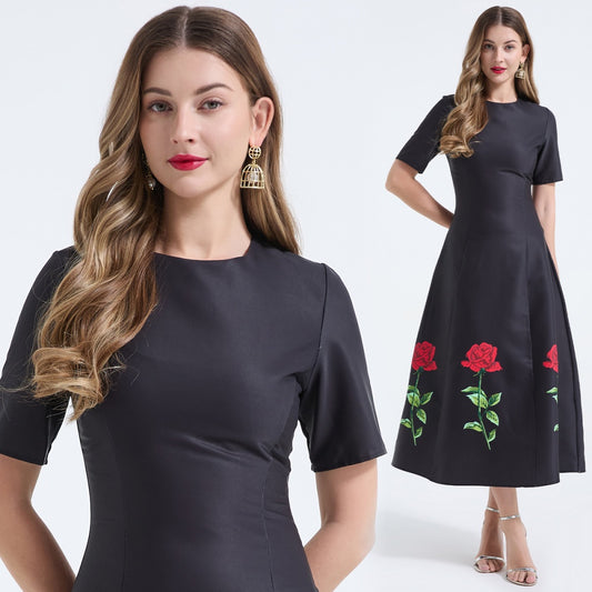 CM-DY071027 Women Elegant European Style Round Neck Short Sleeve Pinched Waist Long A-Line Dress - Black