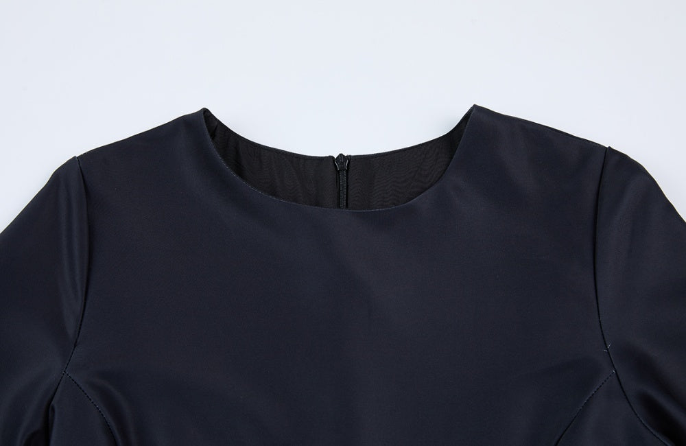 CM-DY071027 Women Elegant European Style Round Neck Short Sleeve Pinched Waist Long A-Line Dress - Black