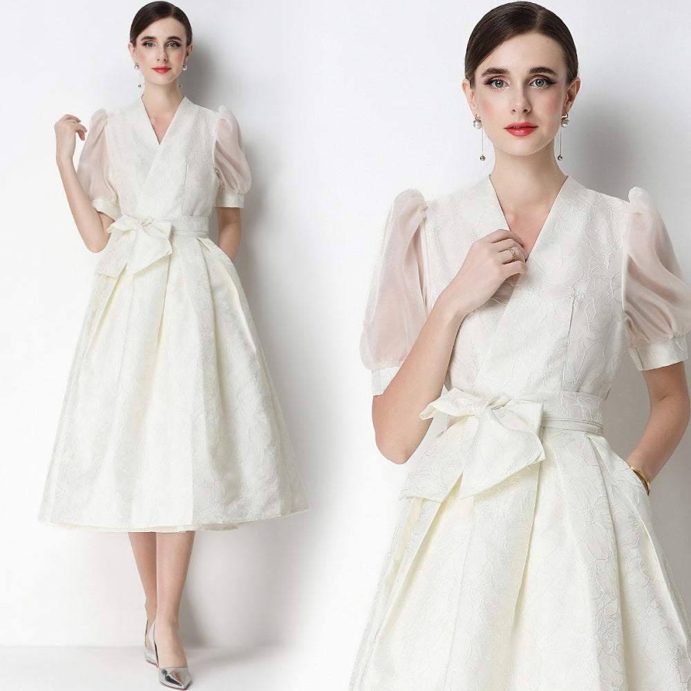 CM-DY071075 Women Elegant European Style V-Neck Short Sleeve Jacquard Midi Dress - White