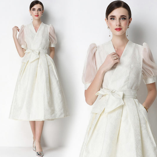 CM-DY071075 Women Elegant European Style V-Neck Short Sleeve Jacquard Midi Dress - White