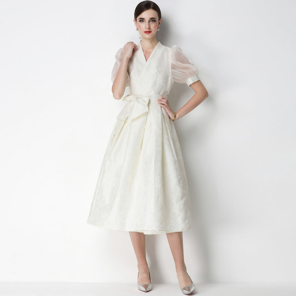 CM-DY071075 Women Elegant European Style V-Neck Short Sleeve Jacquard Midi Dress - White