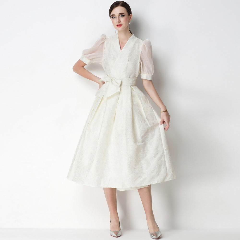 CM-DY071075 Women Elegant European Style V-Neck Short Sleeve Jacquard Midi Dress - White