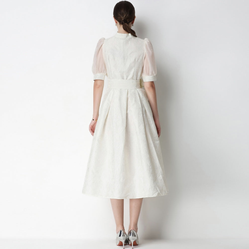 CM-DY071075 Women Elegant European Style V-Neck Short Sleeve Jacquard Midi Dress - White