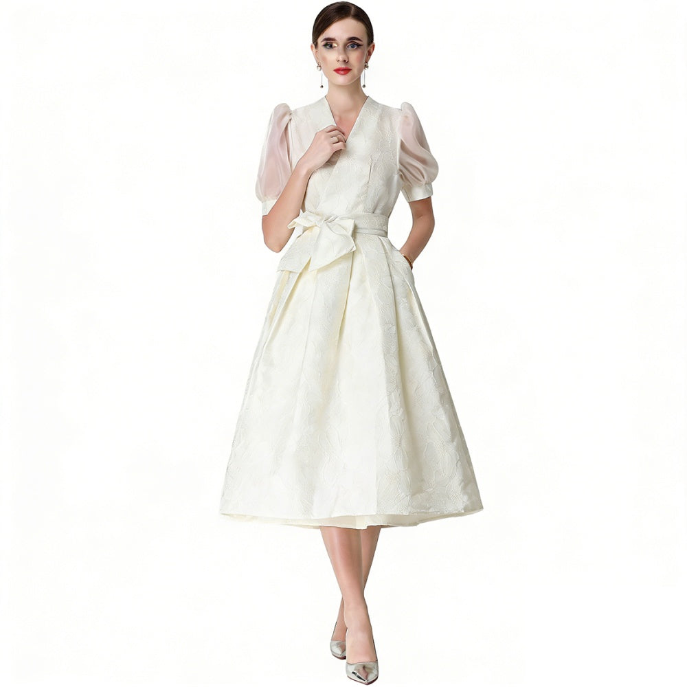 CM-DY071075 Women Elegant European Style V-Neck Short Sleeve Jacquard Midi Dress - White